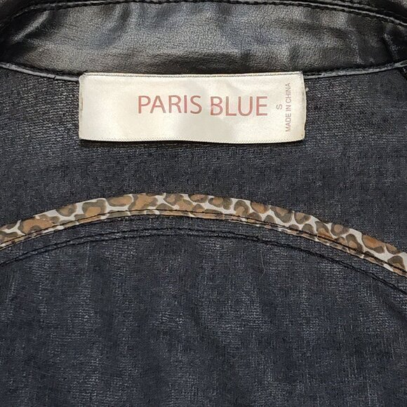 Paris Blue Faux Leather Jacket Small (3-5) Snap Buttons Leopard Trim Detail VGC - Picture 12 of 14